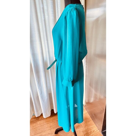 Vintage 80s A-line dress, turquoise, pleated bodice, assorted belt, long sleeves - Picture 3 of 8